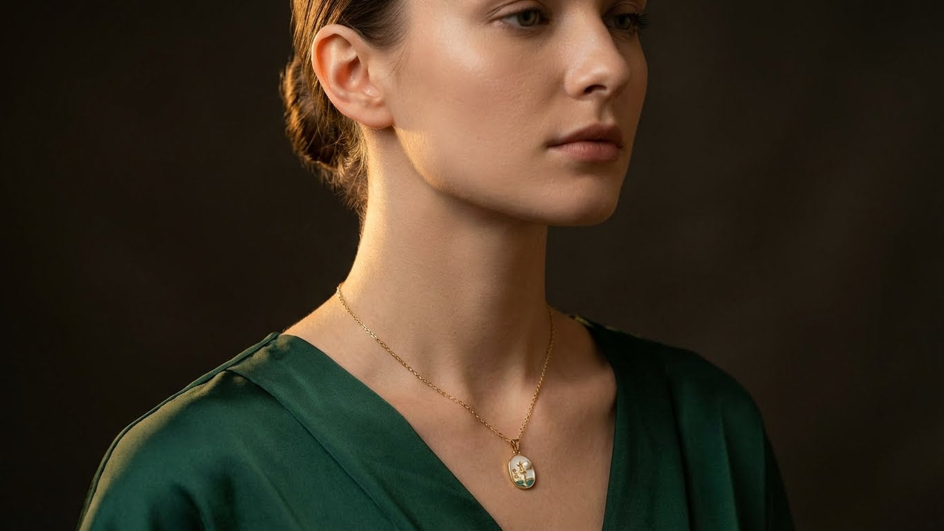 Pearl Meadow – Enamel Oval Pendant Necklace