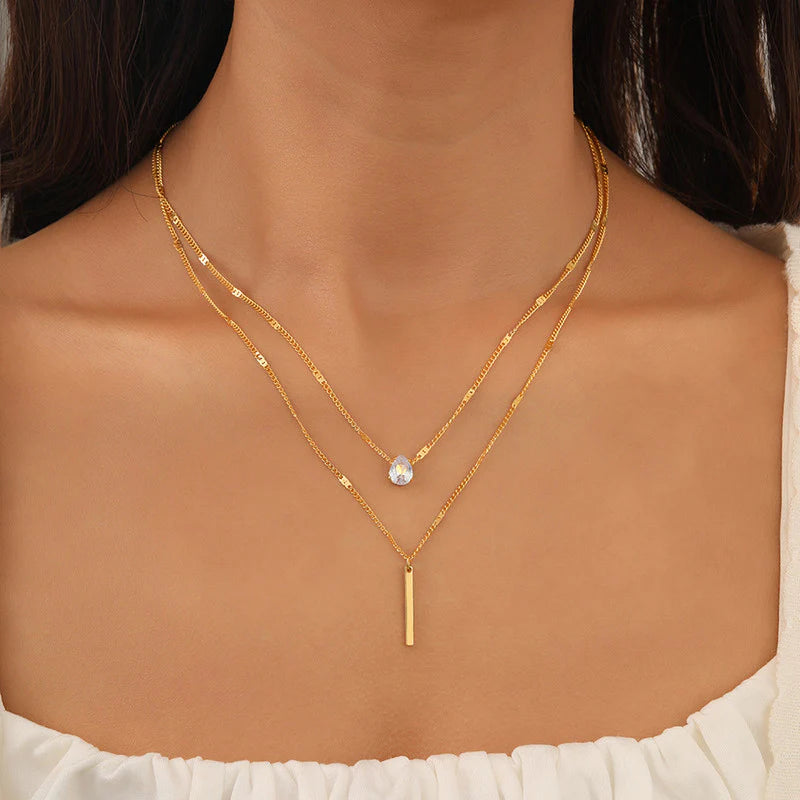 Dual Tear Drop Layered Gold Necklace