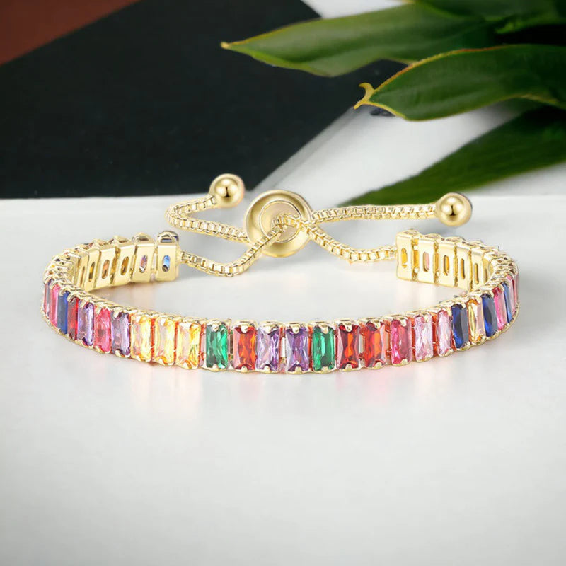 Rainbow Baguette Tennis Gold Bracelet